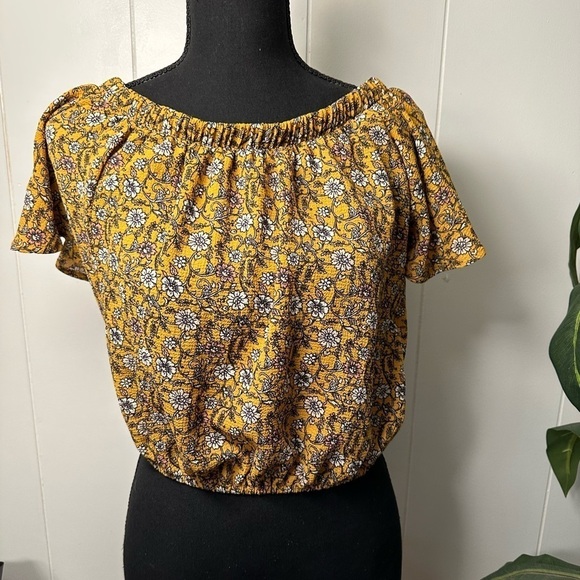 Love First Boho Off the Shoulder Mustard Crop Top, Size Small - Picture 12 of 16